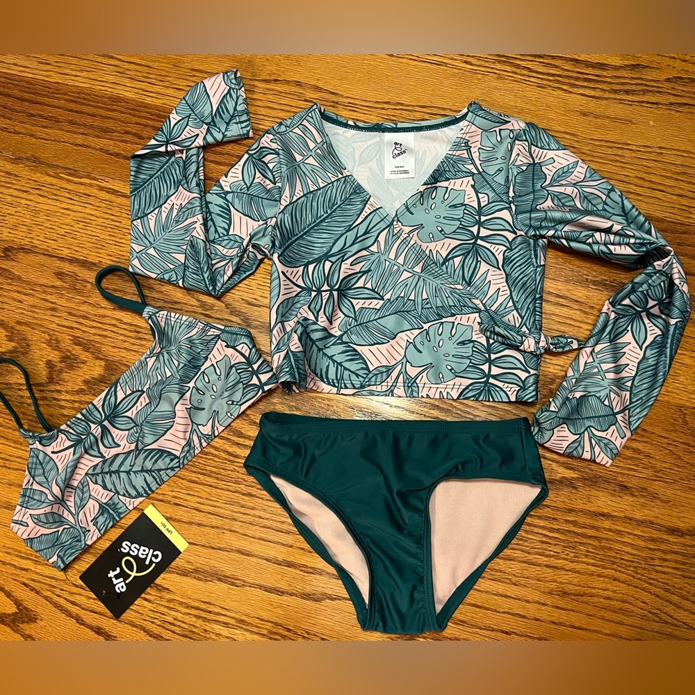 Art Class 3-Piece Swimsuit Set 2-Pc Suit & Shirt Pink & Green Tropical XS, S